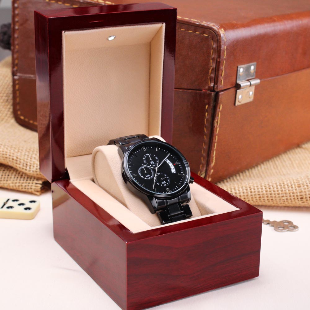 Customizable Personal Message- Elegant Black Chronograph Watch - Message On Back