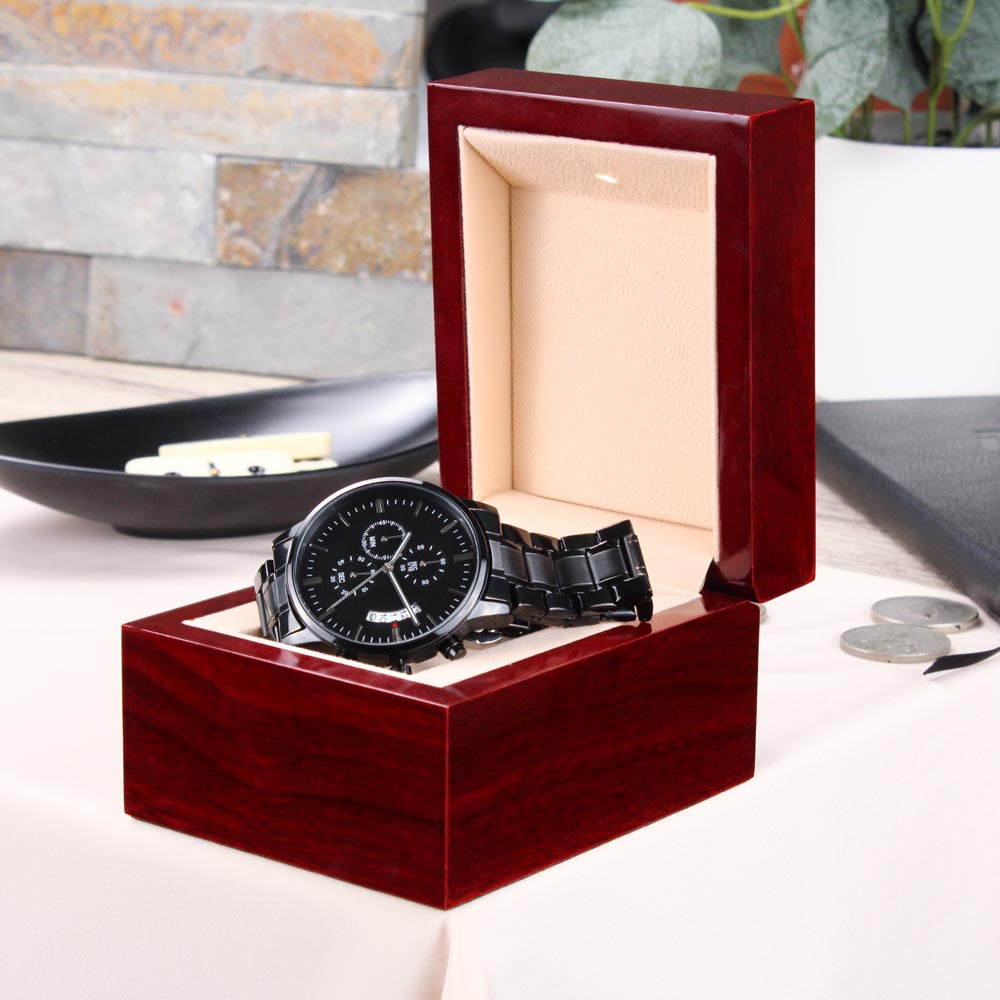 Customizable Personal Message- Elegant Black Chronograph Watch - Message On Back