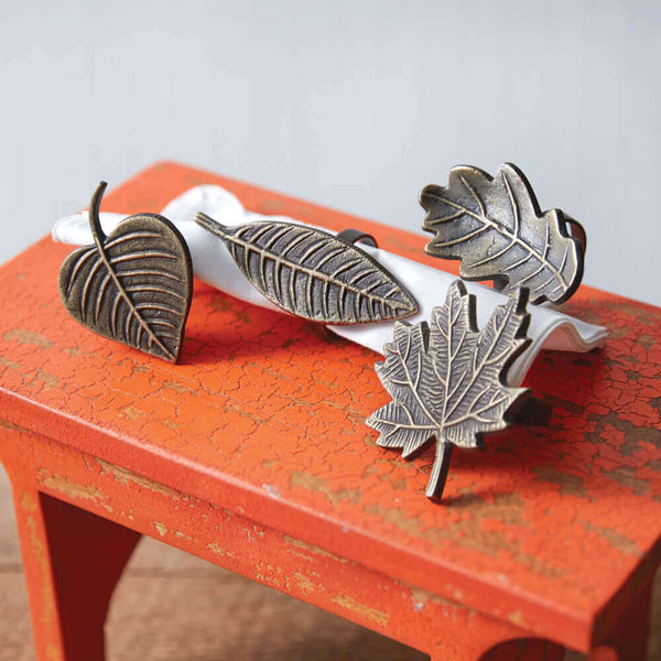 Assorted Fall Leaf Napkin Rings in Antique Brass  (Set of 4)