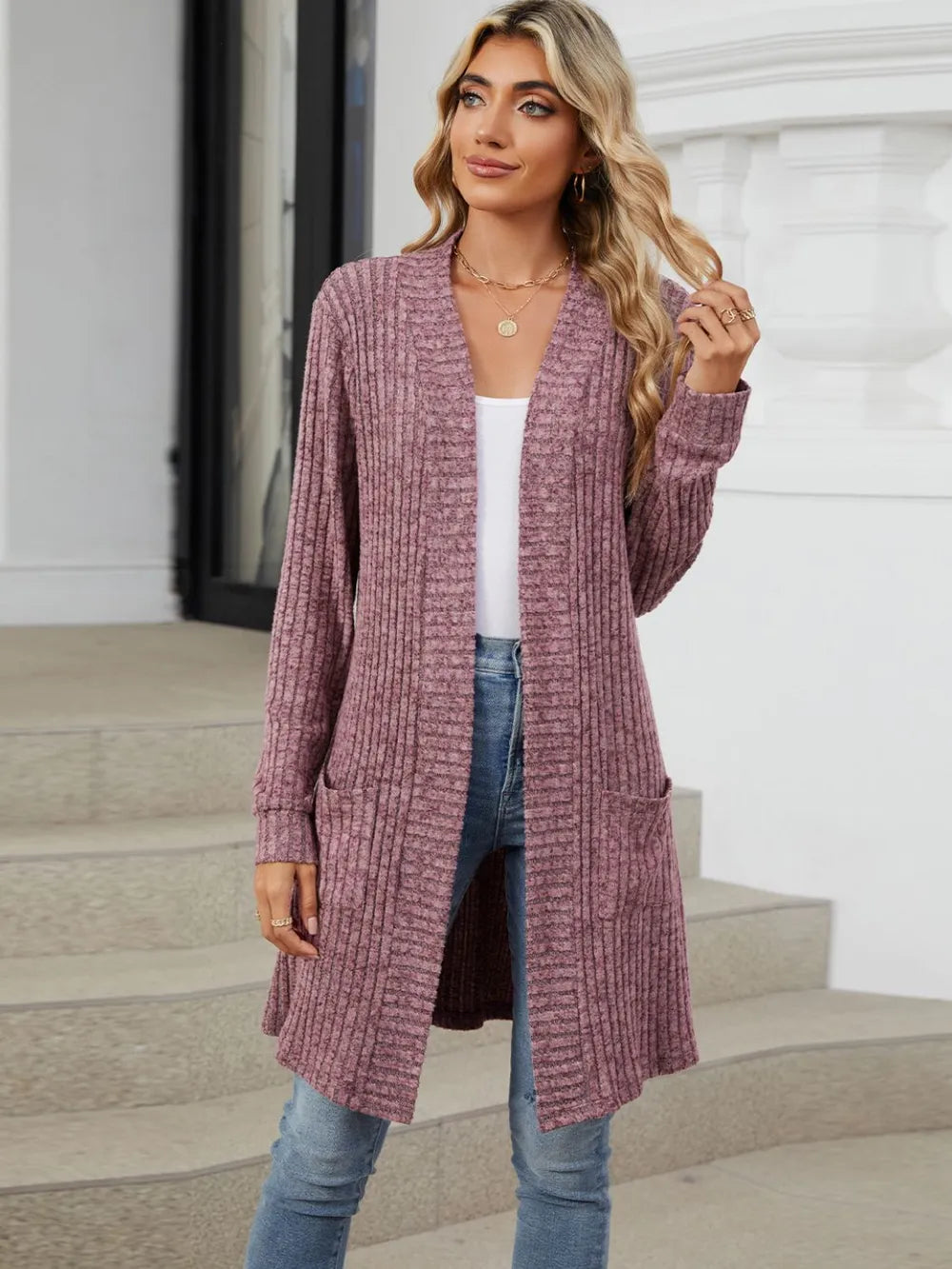 Autumn and winter long color long sleeved loose pocket cardigan jacket for women