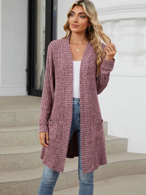Autumn and winter long color long sleeved loose pocket cardigan jacket for women