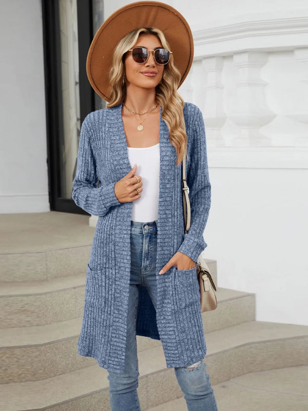 Autumn and winter long color long sleeved loose pocket cardigan jacket for women