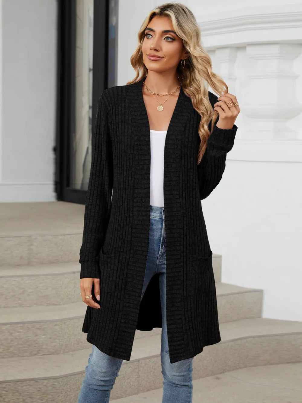 Autumn and winter long color long sleeved loose pocket cardigan jacket for women