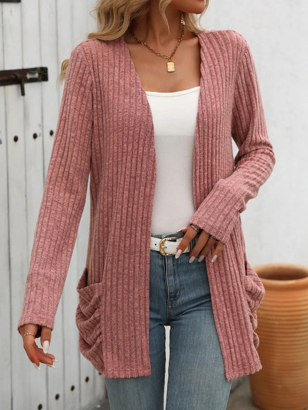 Autumn and winter new solid color pit stripe brushed pocket cardigan long sleeved jacket for women