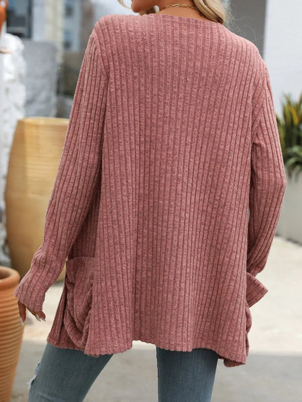 Autumn and winter new solid color pit stripe brushed pocket cardigan long sleeved jacket for women