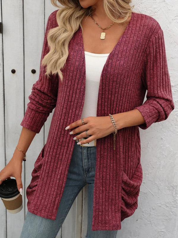 Autumn and winter new solid color pit stripe brushed pocket cardigan long sleeved jacket for women