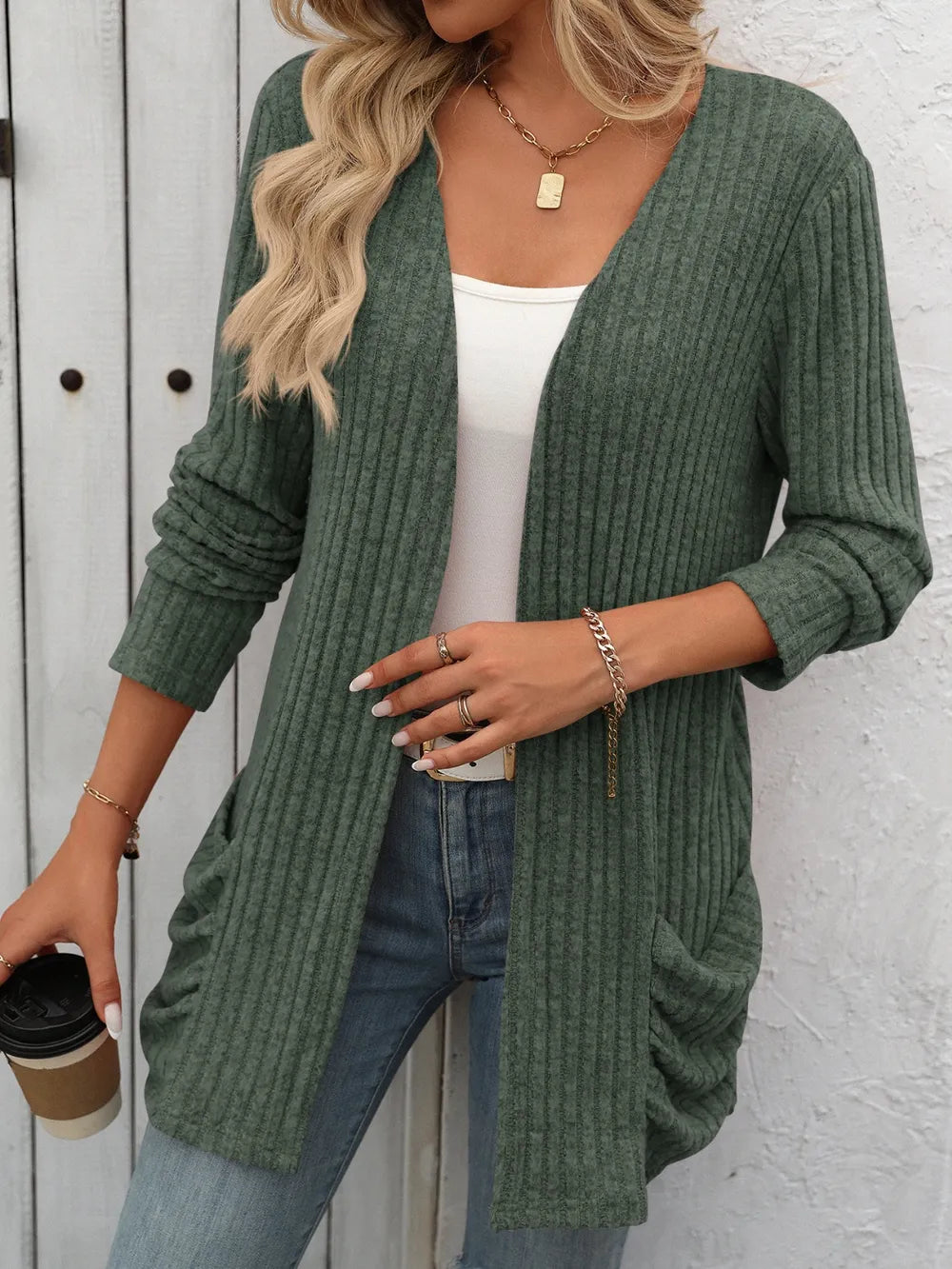 Autumn and winter new solid color pit stripe brushed pocket cardigan long sleeved jacket for women