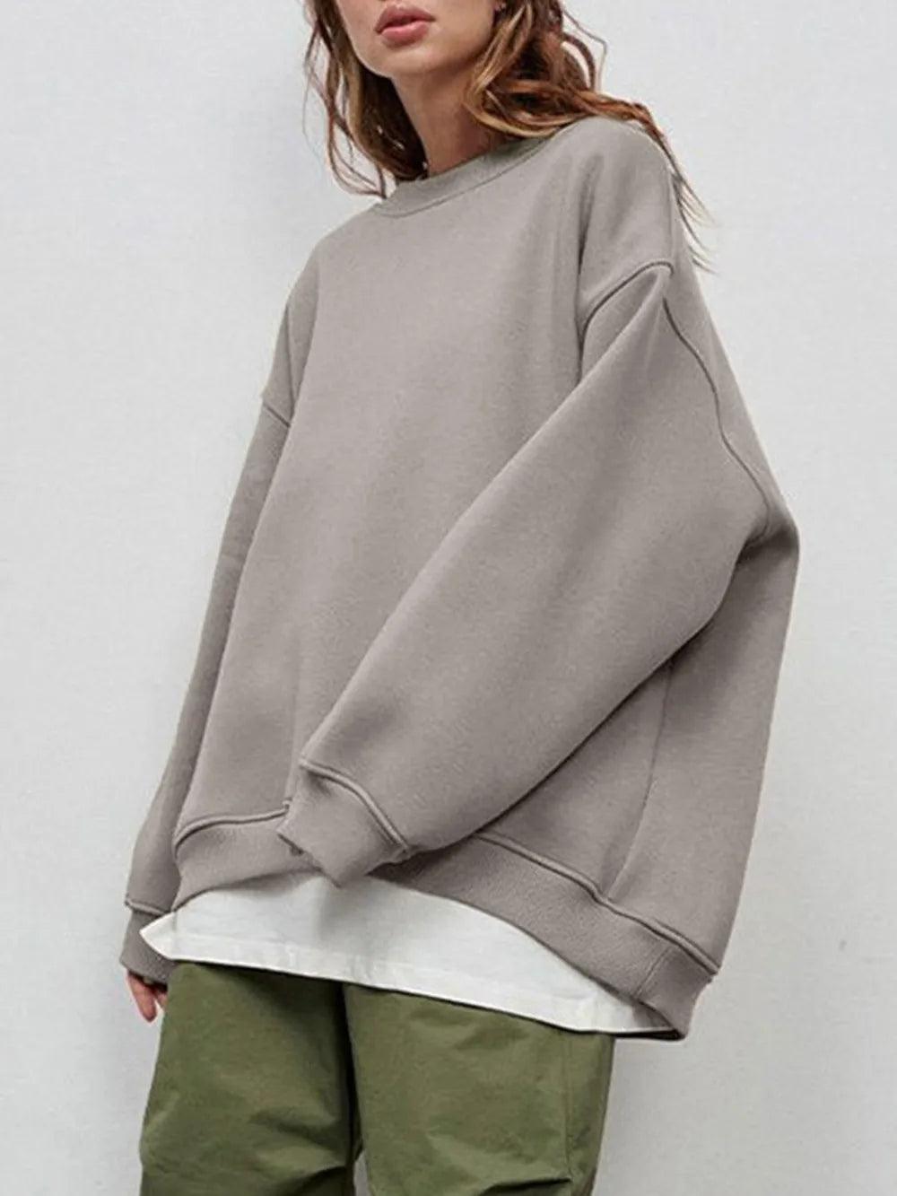 Autumn and winter new solid color round neck loose pullover sweatshirt long sleeved fleece sweater for women