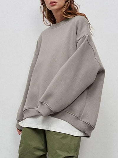 Autumn and winter new solid color round neck loose pullover sweatshirt long sleeved fleece sweater for women