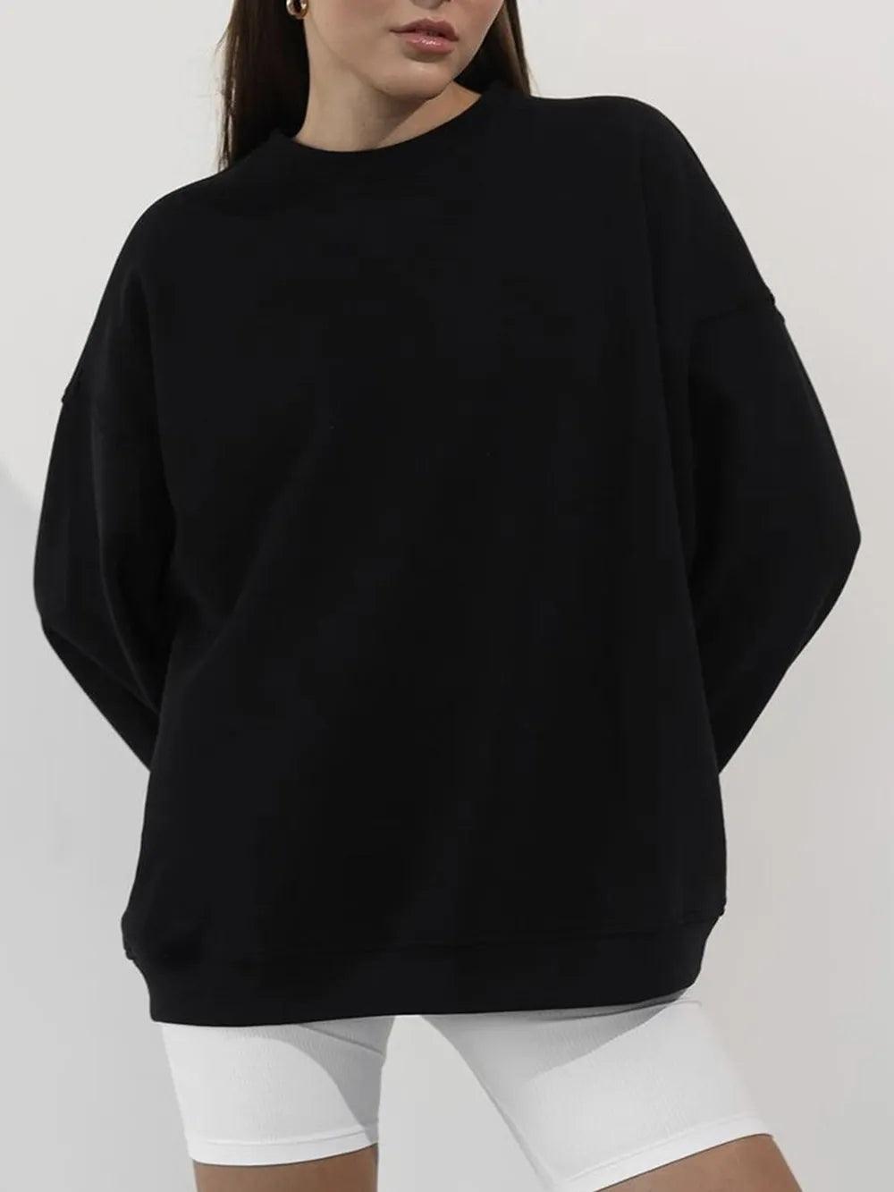 Autumn and winter new solid color round neck loose pullover sweatshirt long sleeved fleece sweater for women