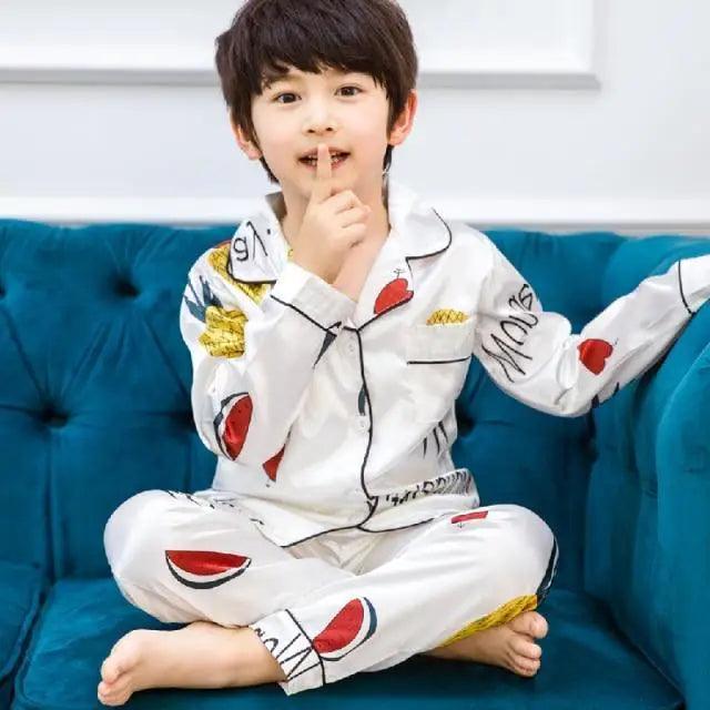 Autumn Winter Long Sleeve Kid Sleepwear Set Silk Pajamas Set Boys Pajamas Sets For Kids Home Cloth Girls Pajamas Set Kids Pajamas Sets Girls Cartoon Pattern Night Suit Children Sleepwear Pajamas Kids Silk Nightwear