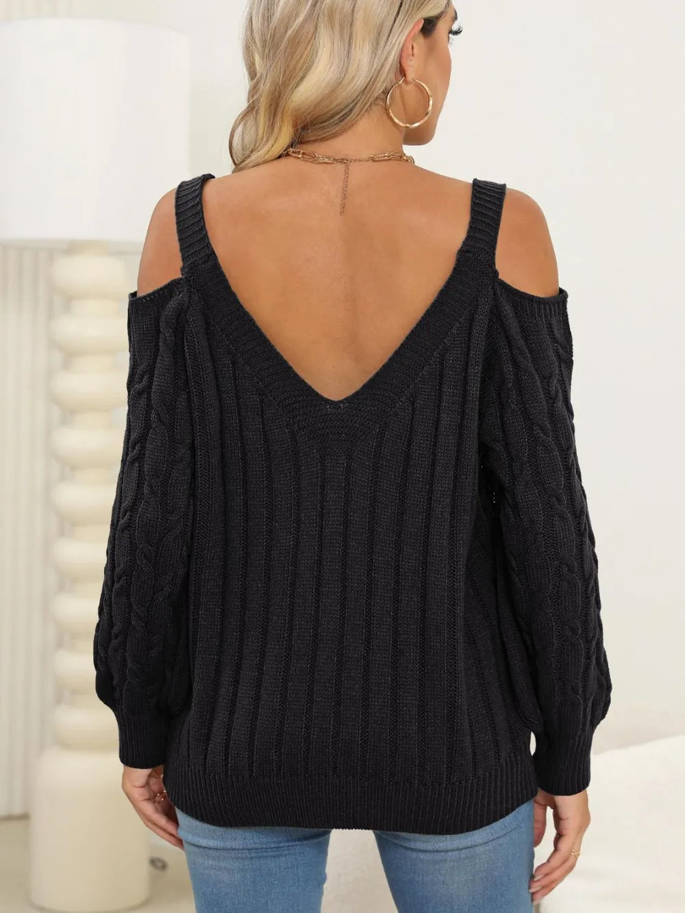 Autumn/Winter Top Deep V Sexy Off Shoulder Loose Hooded Sweater for Women