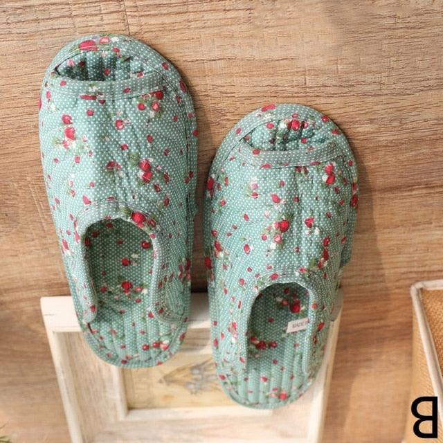 Autumn Winter Women Indoor Slippers Vintage Floral Home Bedroom Slippers Soft Cotton Toe Sole Slippers Women Summer Plaid Slip On House Shoes Non Slip Bedroom Slippers