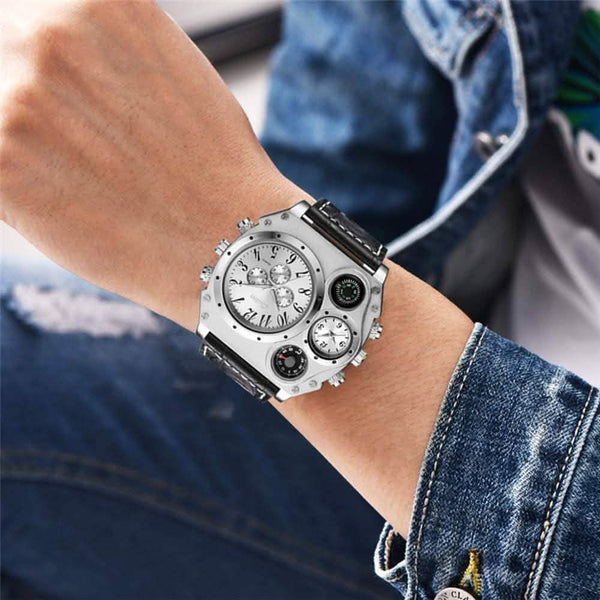 Avaner Mens Big Face Dual Time Zone Leather Strap Sport Watch