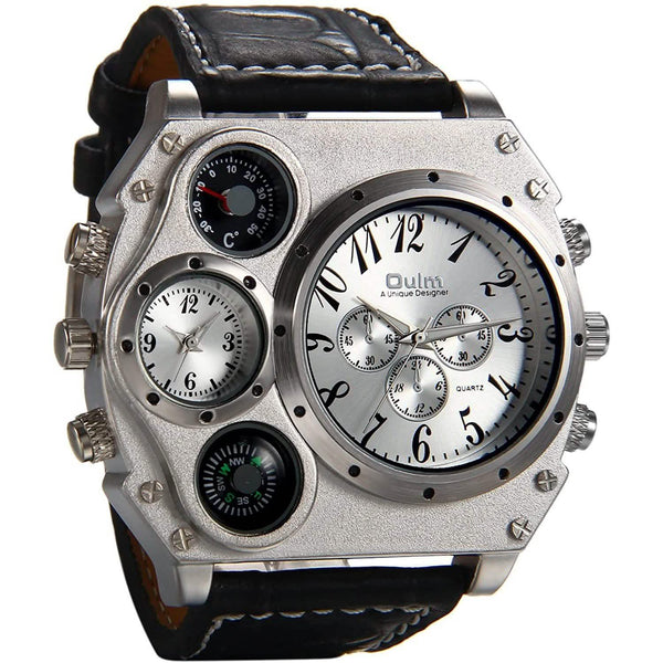 Avaner Mens Big Face Dual Time Zone Leather Strap Sport Watch