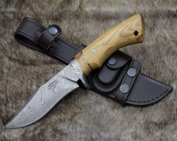 Avatar Damascus Hunting Knife with Exotic Olive Wood Handle - Gifts for You 'n Me