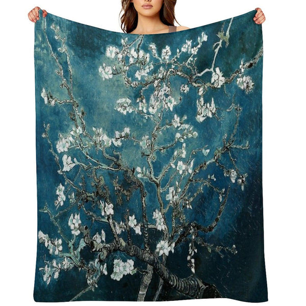 Van Gogh Almond Blossoms Dark Teal Throw Blanket