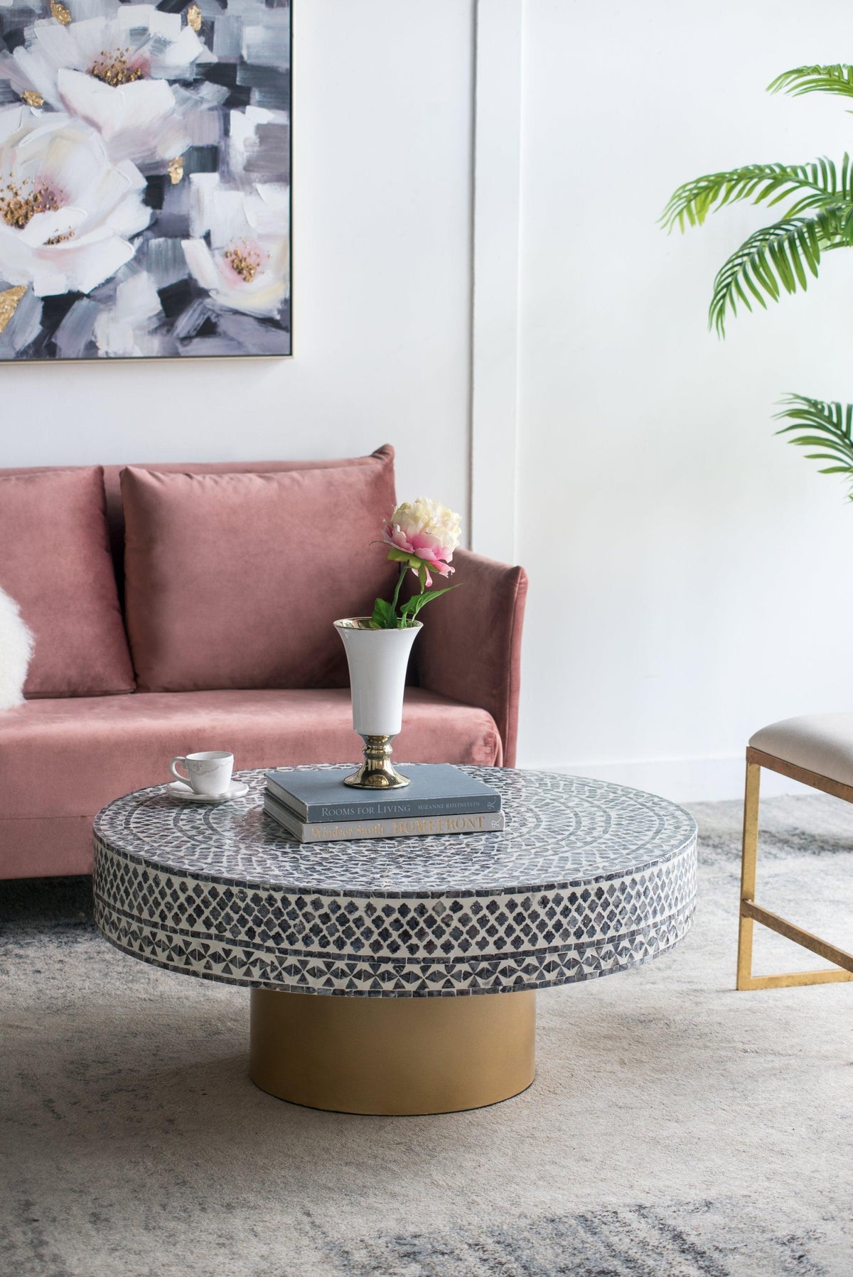 Modern Boho Round Capiz Coffee Table with