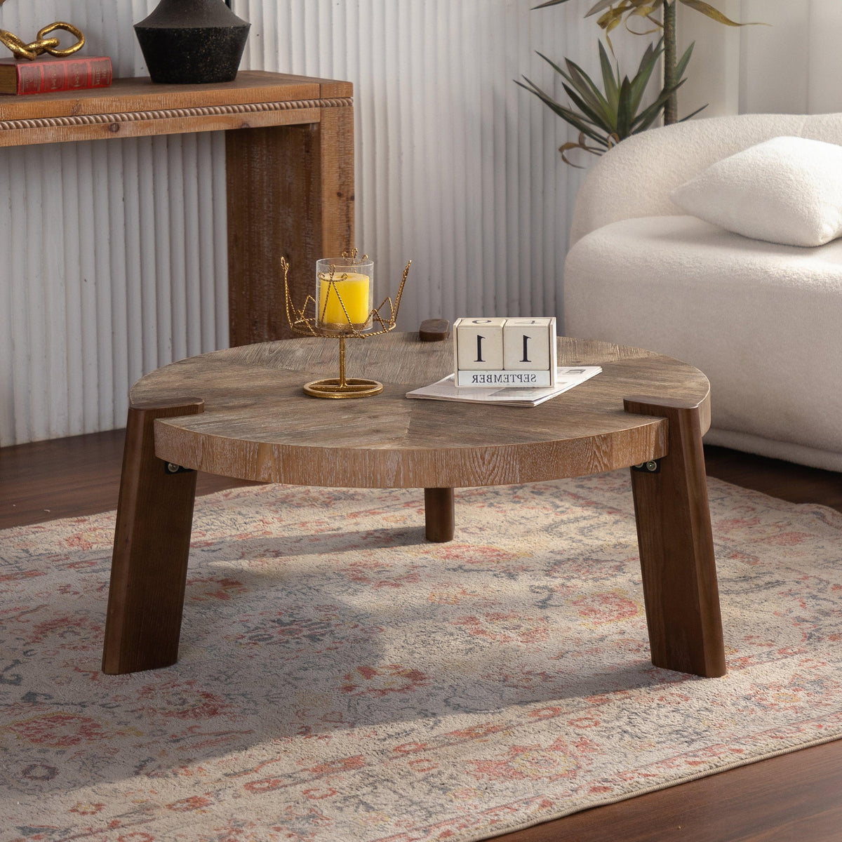 Rustic Round Wood Coffee Table with Herringbone Top