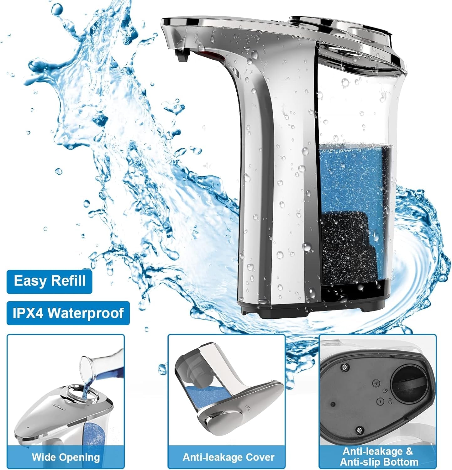 PZOTRUF Automatic Soap Dispenser, Touchless Dish Soap Dispenser 17Oz/500Ml with Infrared Sensor, 5 Adjustable Soap Dispensing Levels, Liquid Hand Dispenser for Bathroom Kitchen Sink (Silver)