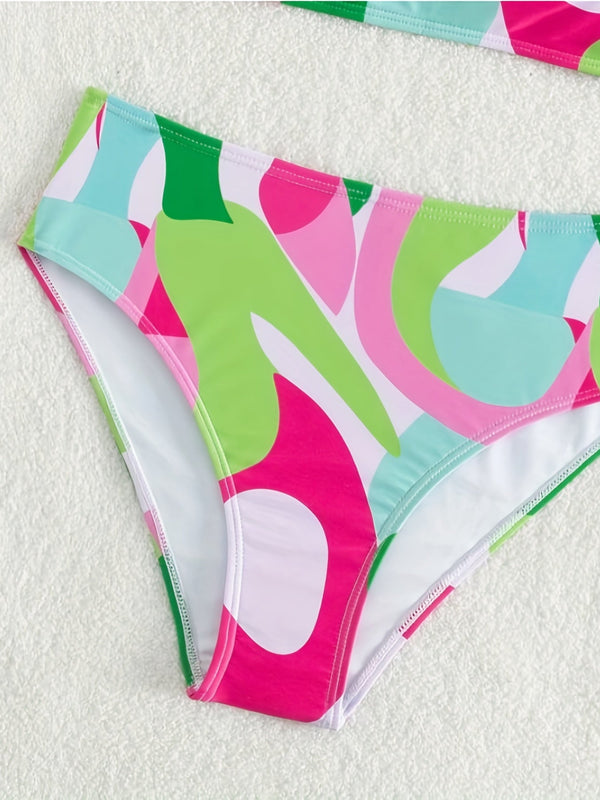 Bikini Abstract Print High Waisted 2 Piece Swimsuit for Women – Stylish Bandeau Unique Bikini Set with Adjustable Straps and Quick-Dry Stretch Fabric – Flattering Summer Swimwear for Beach Days Poolside Lounging and Vacation Style