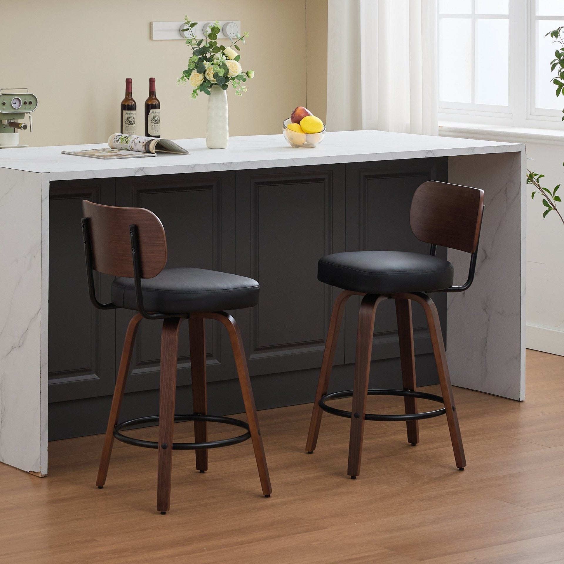 Swivel Bar Stools Set of 2, 26' Upholstered Faux Leather Counter Height Barstools with Walnut Back & Bentwood Legs, Mid Century Modern Bar Chairs Island Stools for Kitchen Counter, Black PU, SW1864BK