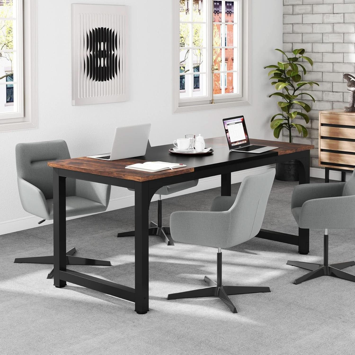 63 Inch Executive Desk Two Tone Brown Black Heavy Duty Frame