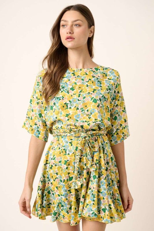 New Summer Floral Tie Waist Half Sleeve Mini Dress –Feminine and Chic Floral Dress with Flattering Tie Waist Detail