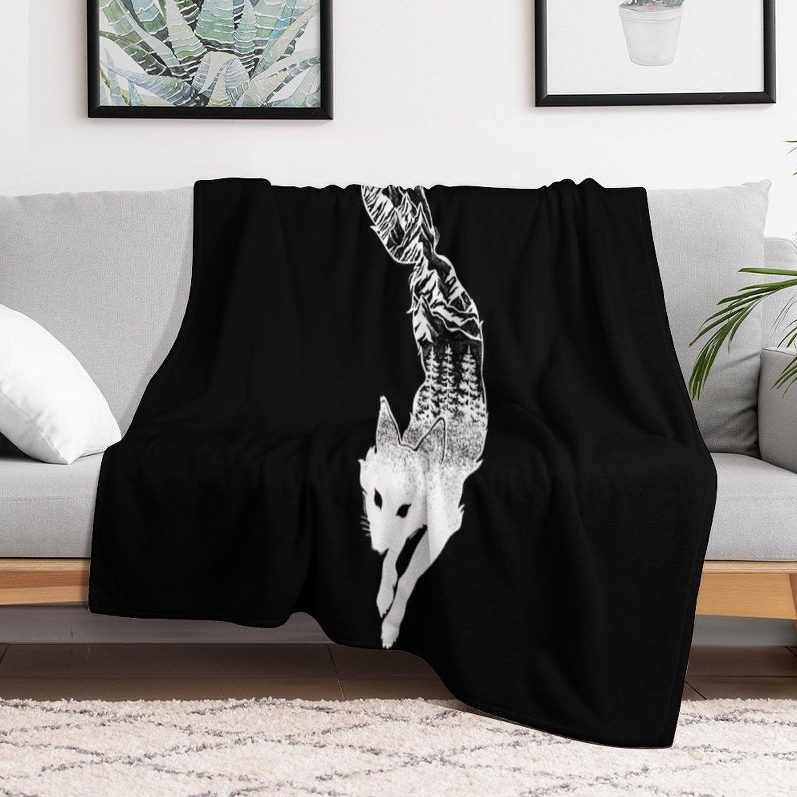 Fox Silhouette with Mountains, Trees & Moon T-Shirt Throw Blanket