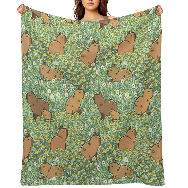 Capybaras Meadow in Green And Yellow Eco-conscious Throw Blanket