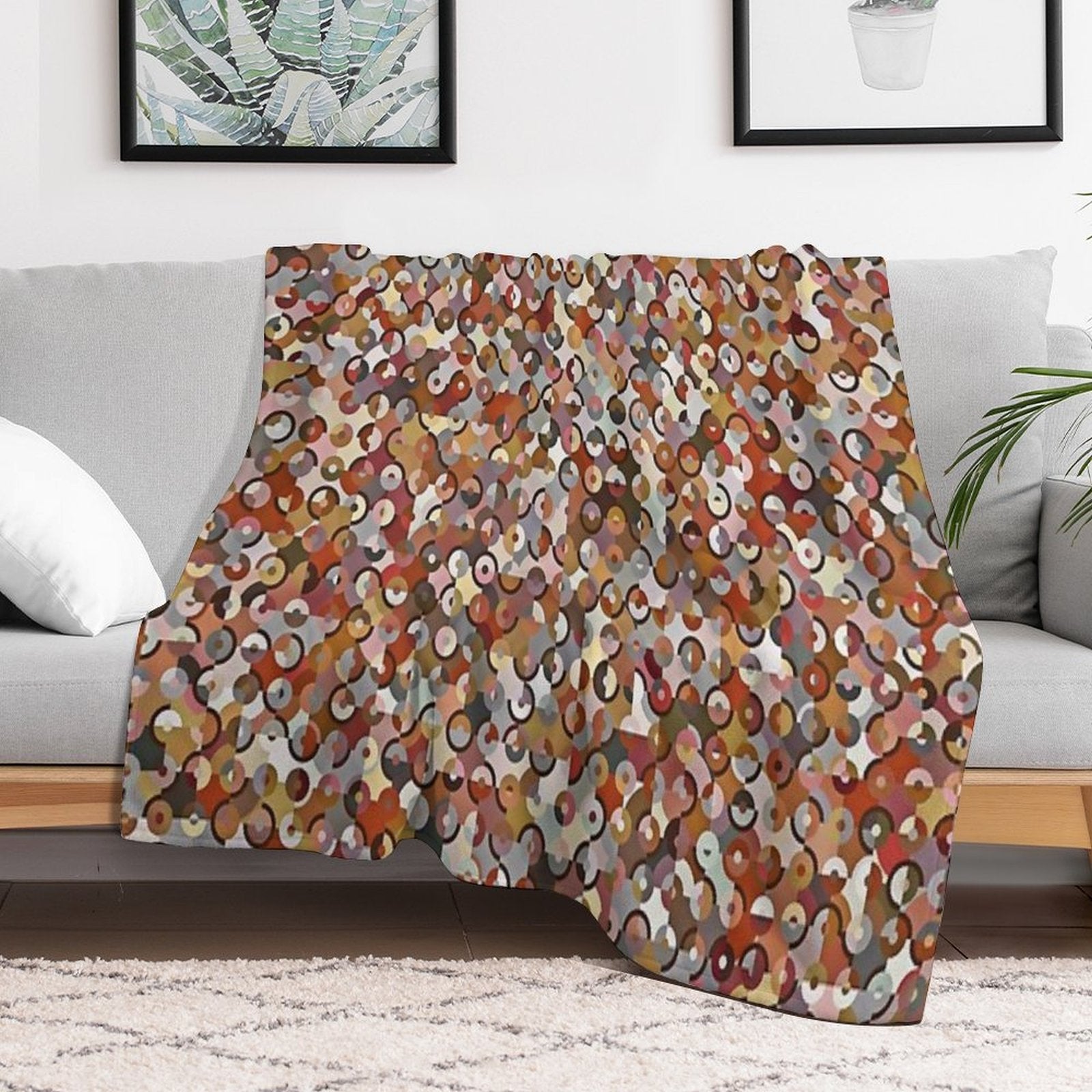 Circle Pattern in Soft Shades of Brown, Cream & Gold Sustainable Throw Blanket