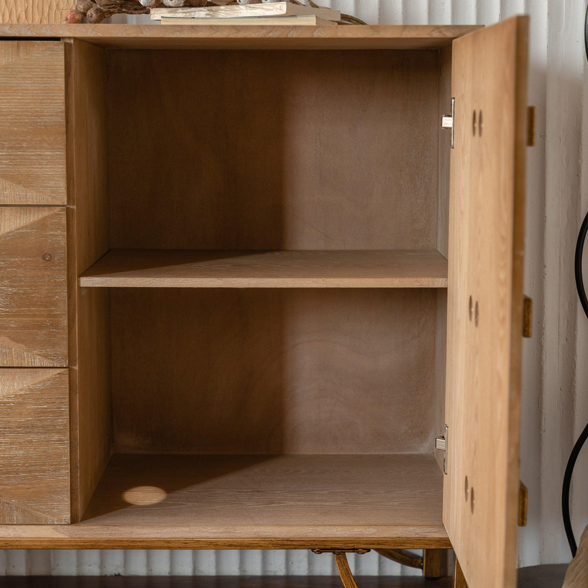 Natural Wood Sideboard Buffet Cabinet with Geometric Doors & Gold Legs