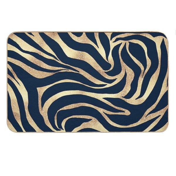 Elegant Navy Blue Gold Zebra Print Bath Mat