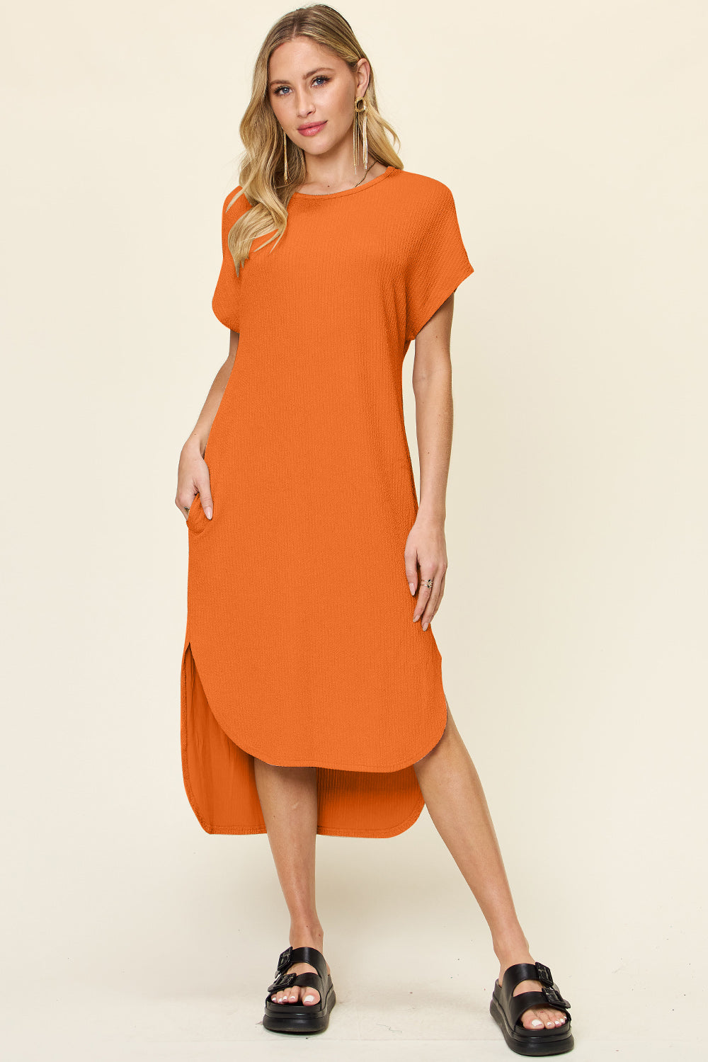 Double Take Full Size Round Neck Short Sleeve Slit Dress Stylish & Comfortable Casual Dress