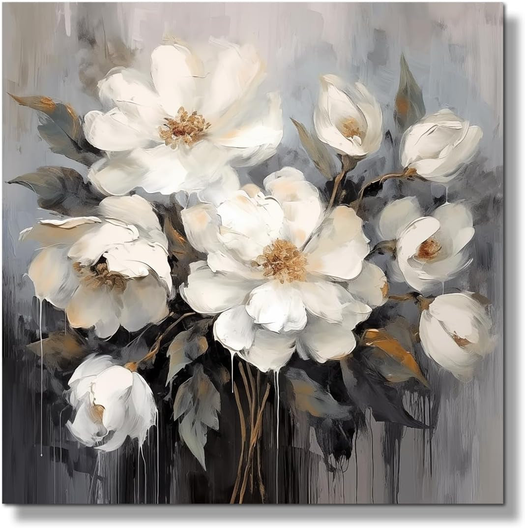 Stunning White and Gray Flower Canvas Art - Elegant 12x12 Inch Wall Decor for Bathroom, Bedroom, and Office