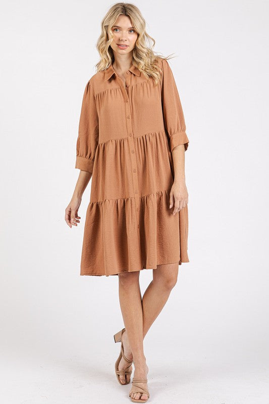 Button Detail Collared Neck Tiered Shirt Dress – Sophisticated and Versatile Dress with Classic Button Details and Flattering Tiered Silhouette