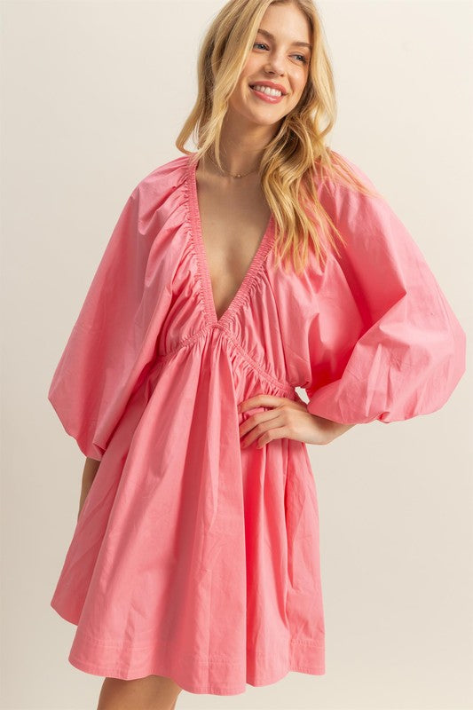 Plunge Balloon Sleeve Poplin Mini Dress with Pockets –Bold, Chic, Sexy and Trendy Plunge Neckline Dress with Balloon Sleeves and Functional Pockets