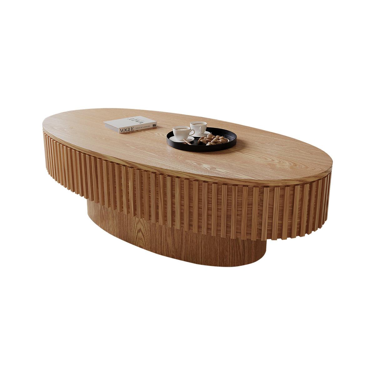 Modern Natural Wood Oval Coffee Table with Hidden Storage