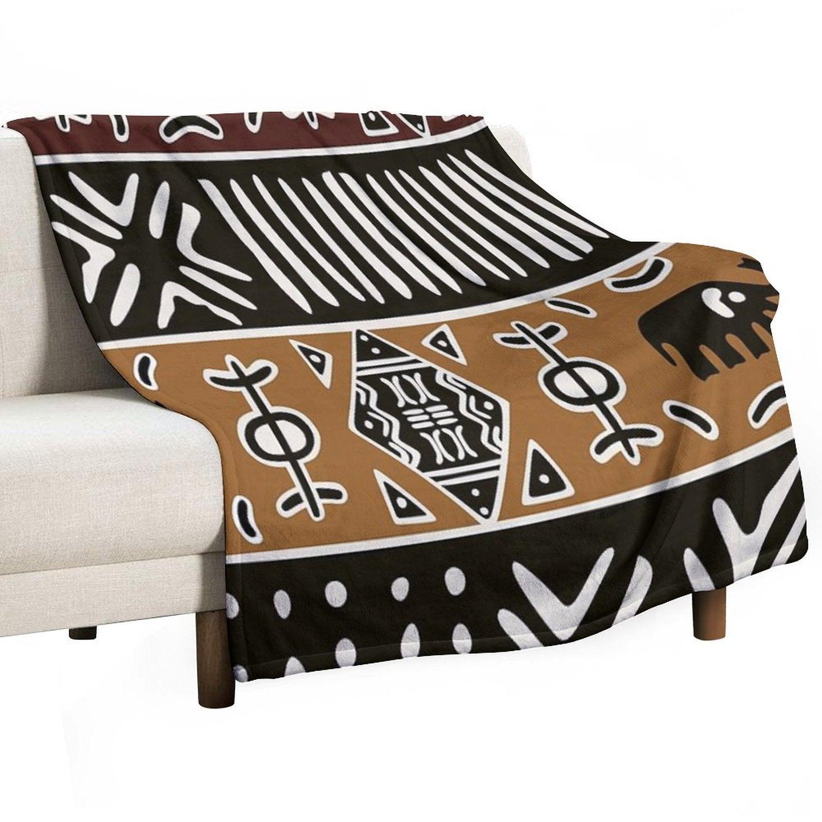 African Mud Cloth with Elephants Throw Blanket