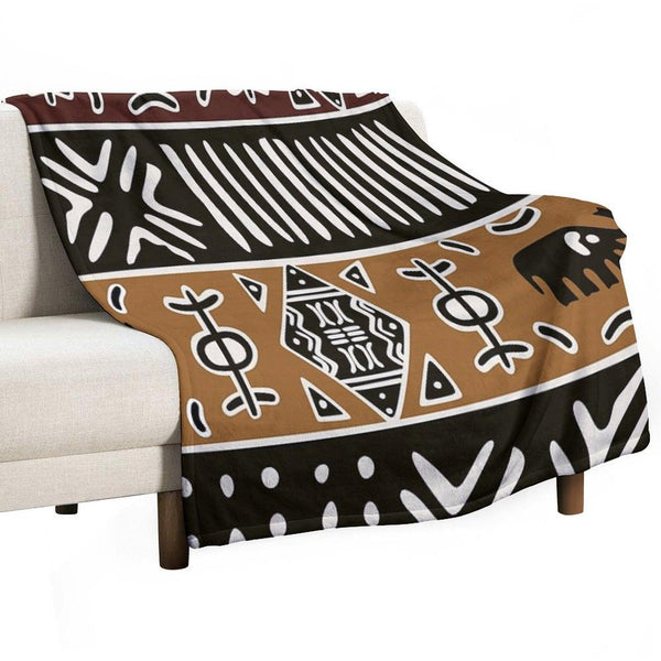 African Mud Cloth with Elephants Throw Blanket