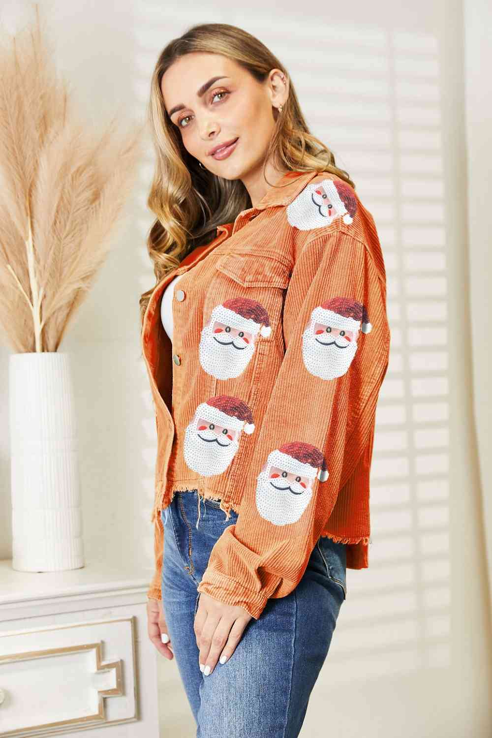 Red Santa Sequin Raw Hem Jacket Festive Buttoned Jacket Charming Winter Women Jacket