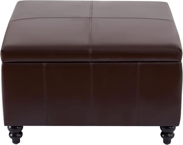 Square Leather Storage Ottoman 30-Inch Brown Durable