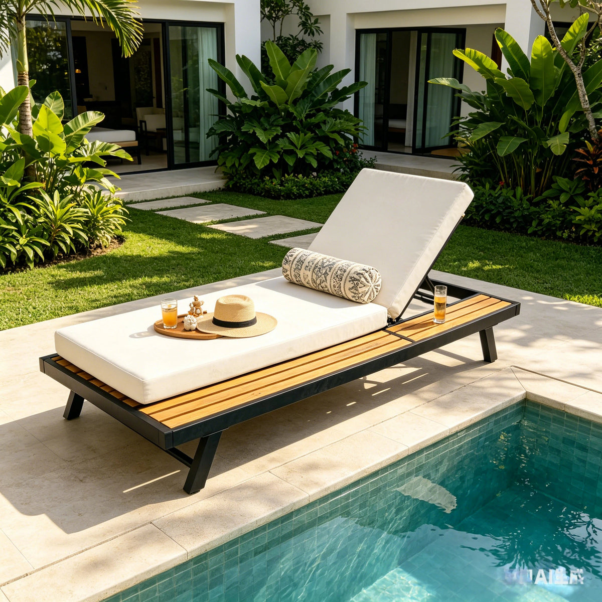 Black Iron + Teak Finish Chaise Lounge Set