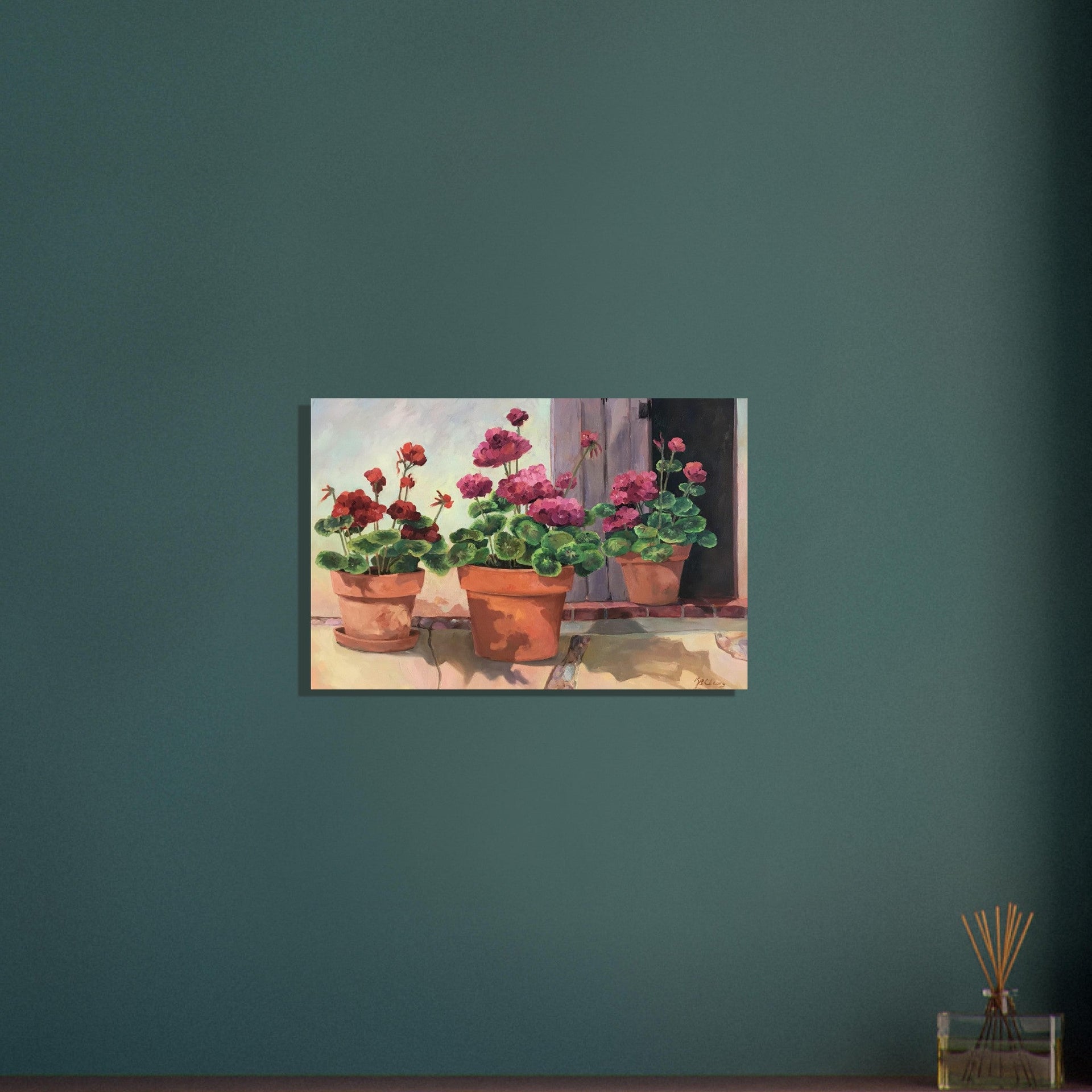 'Potted Red Geraniums Series 2' Floral I 16x24 Museum-Quality Matte Paper Poster I Original Artwork by American Artist Barbara Cleary