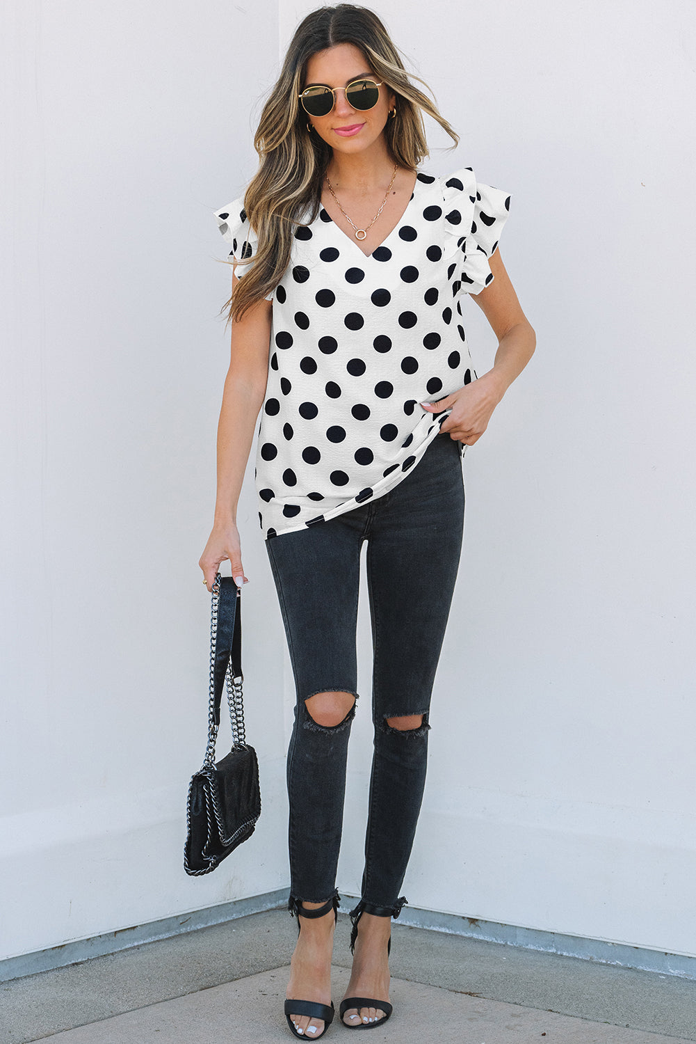 Halo Polka Dot Ruffled Sleeve V Neck Blouse