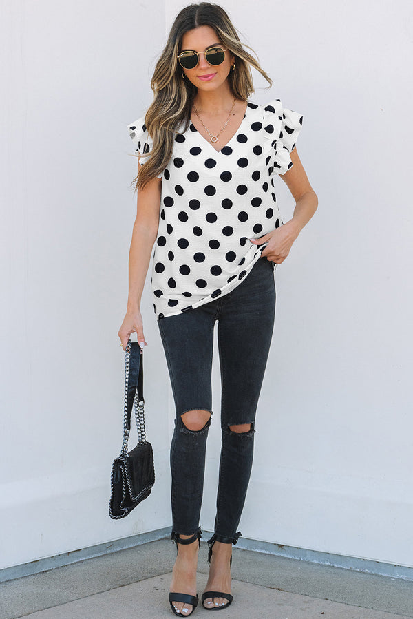 Halo Polka Dot Ruffled Sleeve V Neck Blouse