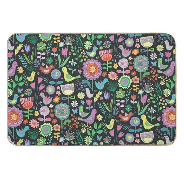 Birds And Blooms - Pastels on Black - Pretty Floral Bird Pattern by Cecca Designs  Rapid-Drying Bath Mat