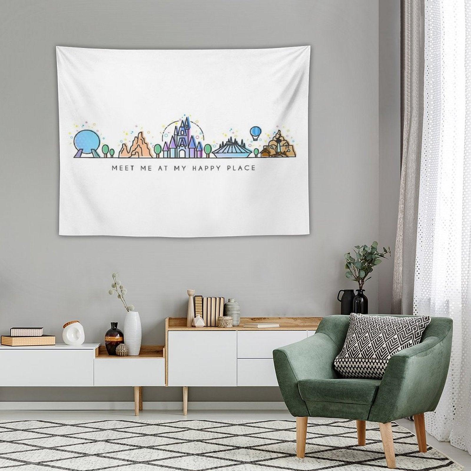 Meet Me at My Happy Place Vector Orlando Theme Park Illustration Design Tapestry