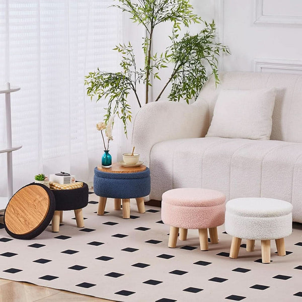 Cream Velvet Round Storage Ottoman With Solid Wood Legs