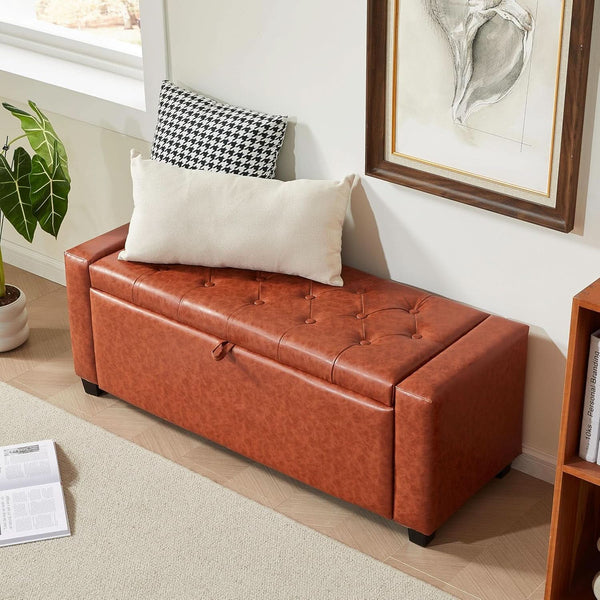 Storage Ottoman Tufted Leather Reddish Brown Bench